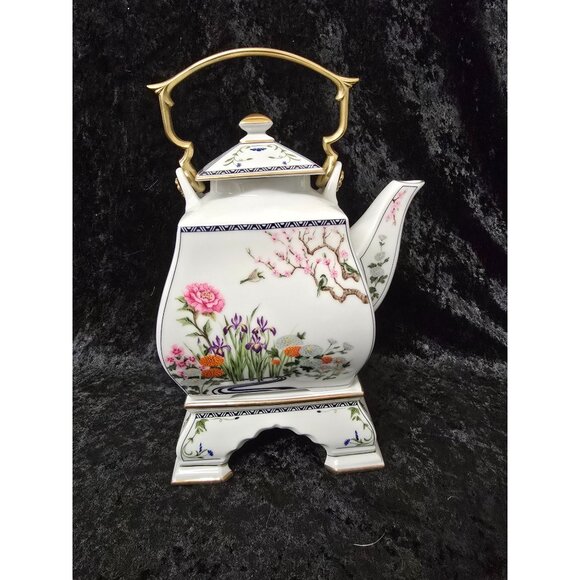 Franklin Mint Birds & Flowers Orient Teapot Square Ceramic Stand Gold Accents - Picture 4 of 10